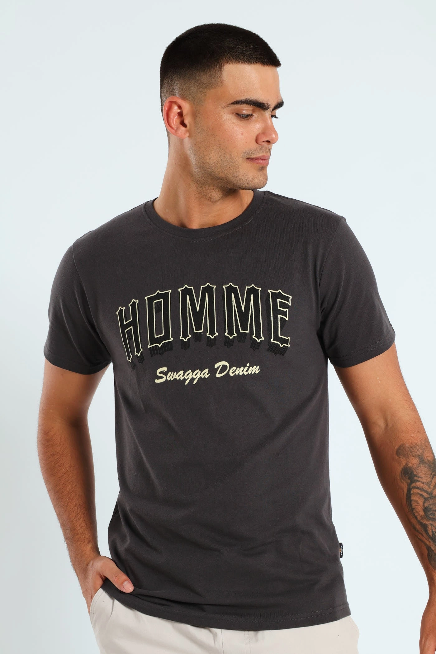Short Sleeve Basic Print T-Shirt - Charcoal