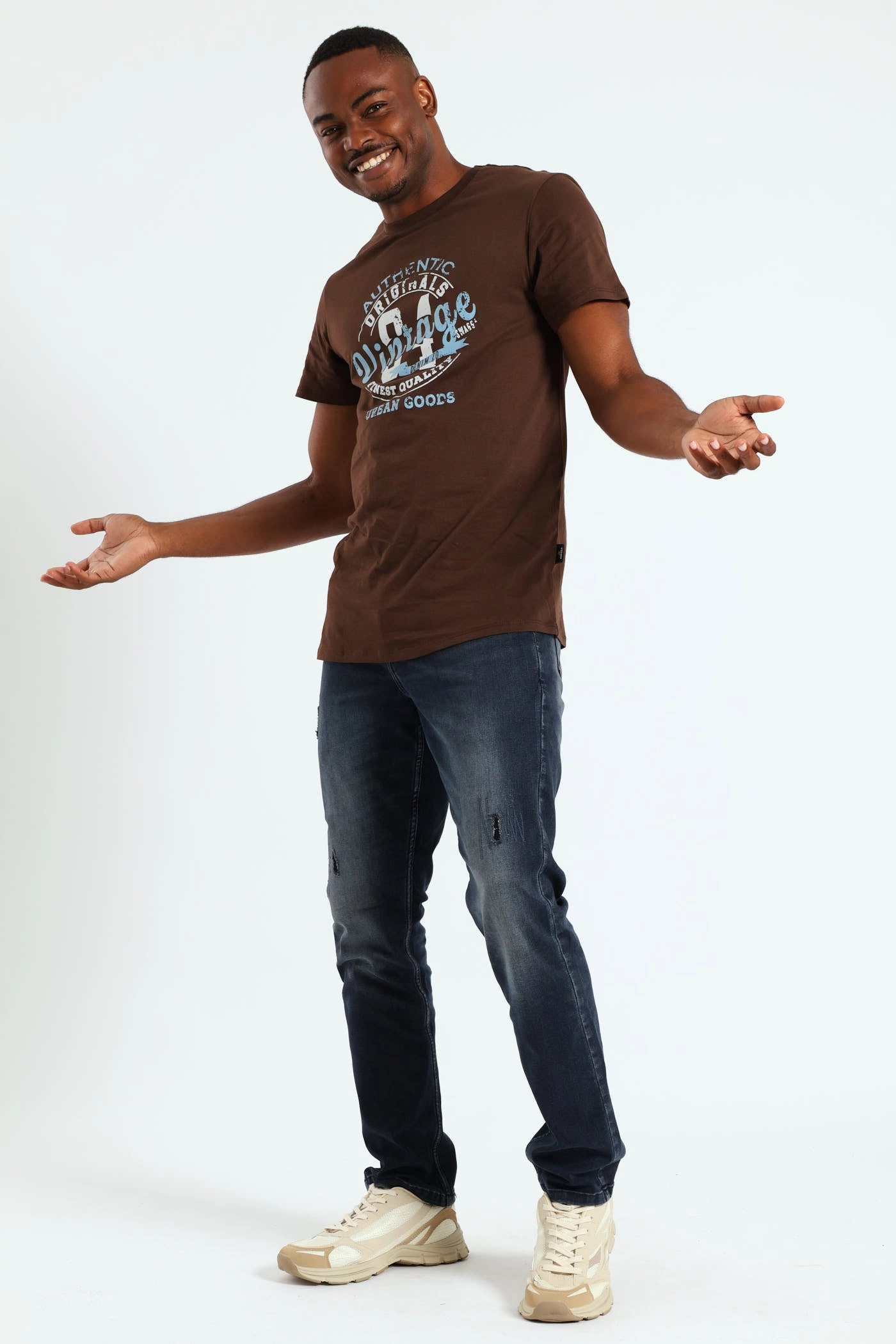 Short Sleeve Basic Print Tee - Brown
