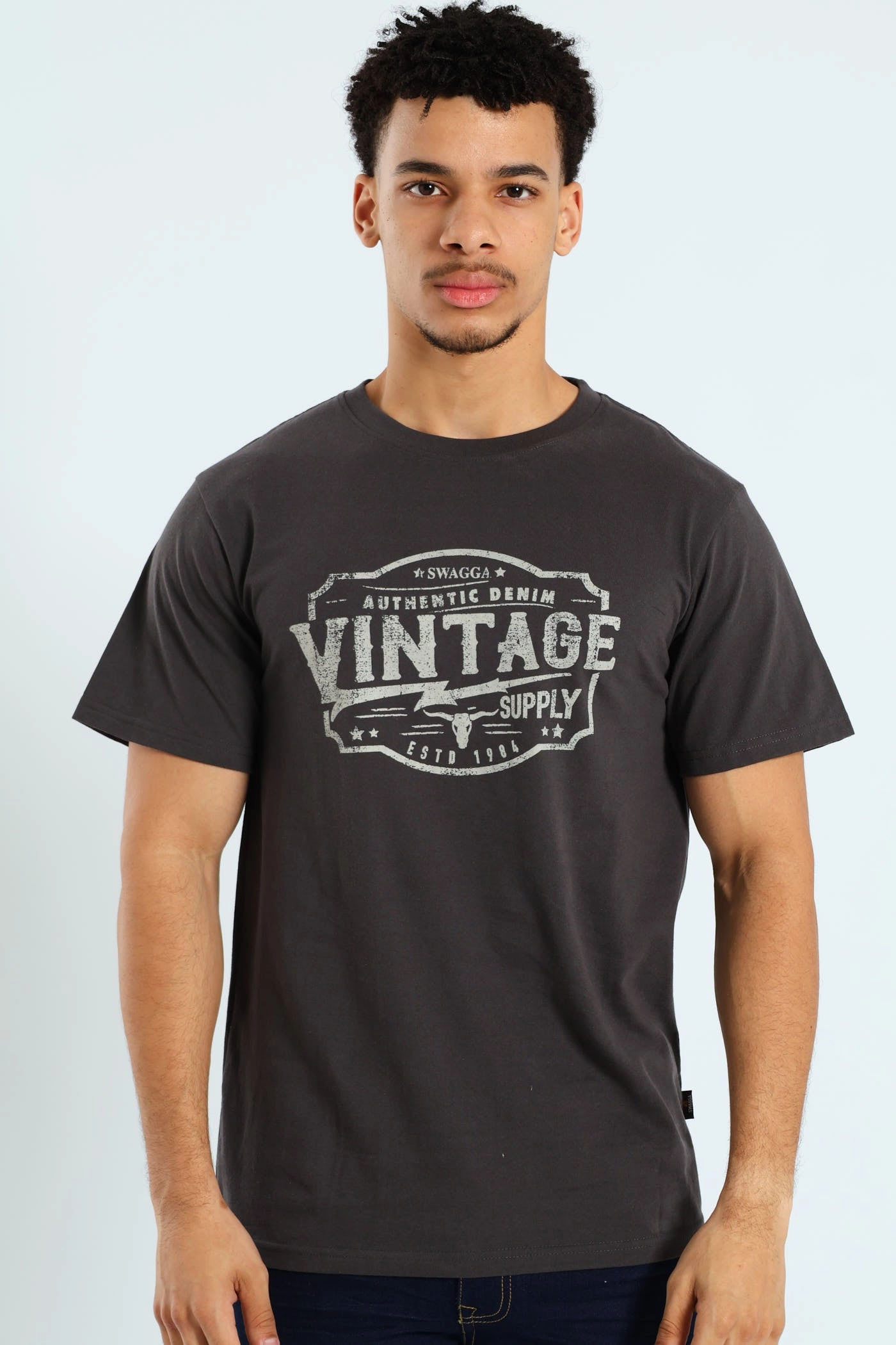 Short Sleeve Basic Print Tee - Charcoal