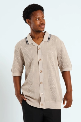 Short Sleeve Button Through Knit Shirt - Stone Fashion exhibitions Street fashion