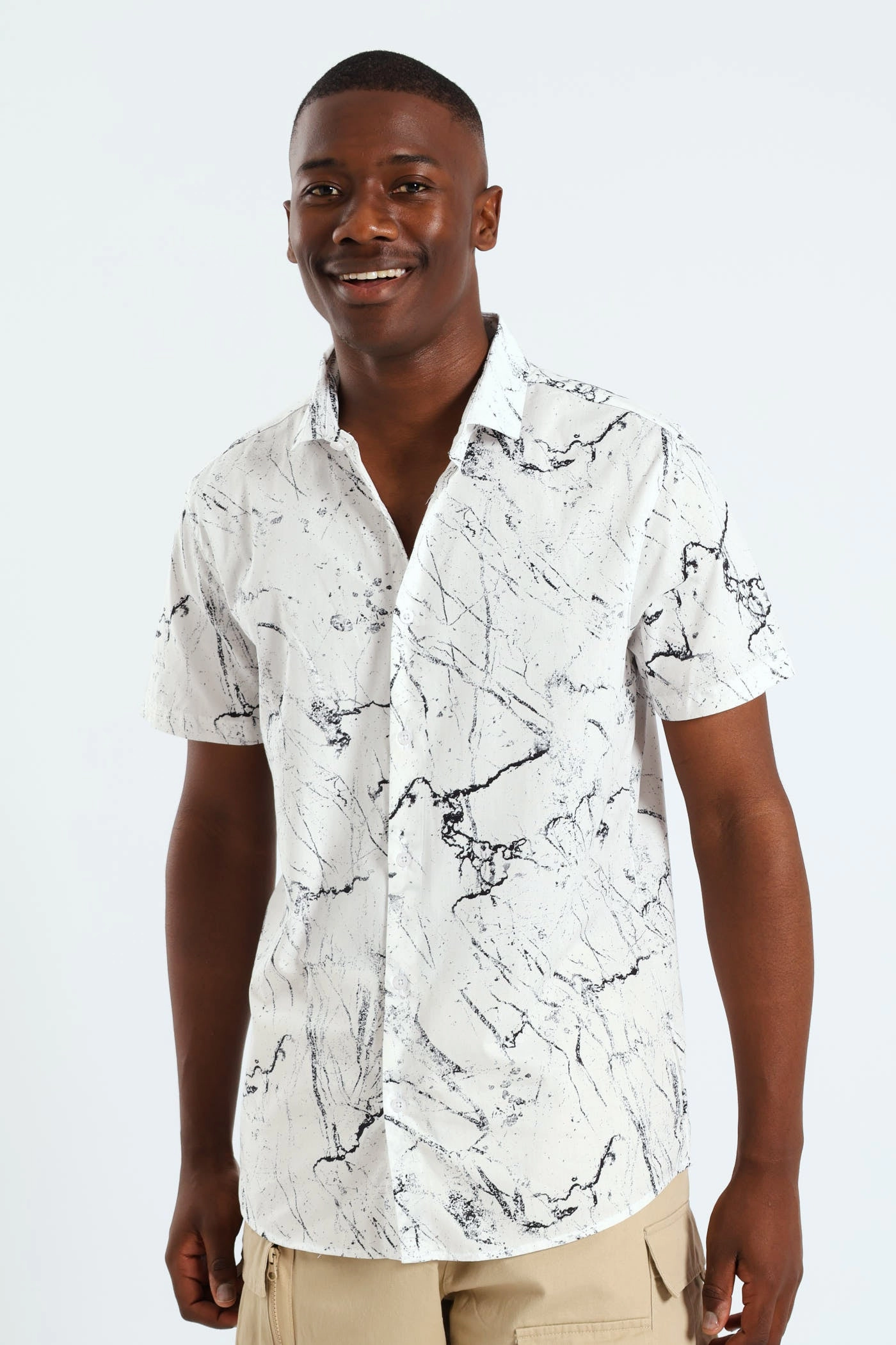 Short Sleeve Marble Shirt - White/Black Polyester - used fashion Fashion on sale