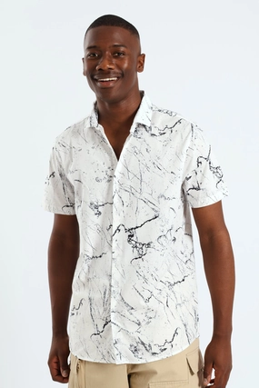 Short Sleeve Marble Shirt - White/Black Polyester - used fashion Fashion on sale