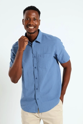 Short Sleeve Seersucker Shirt - Blue Seasonal wear Linen - crafted fashion