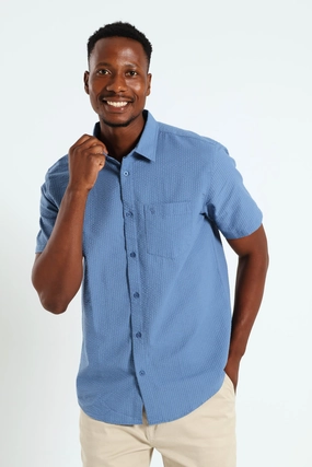 Short Sleeve Seersucker Shirt - Blue Seasonal wear Linen - crafted fashion