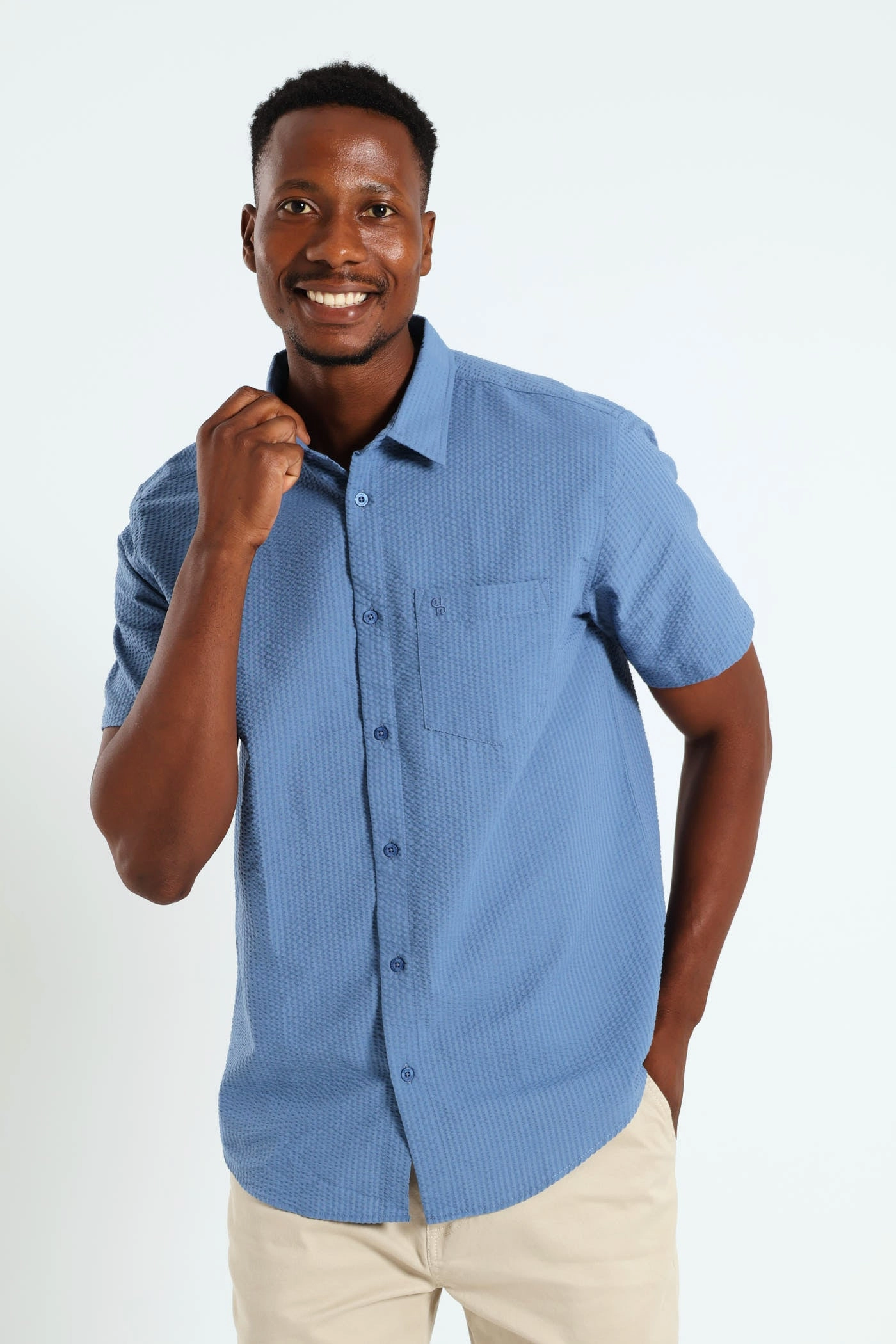 Short Sleeve Seersucker Shirt - Blue Seasonal wear Linen - crafted fashion