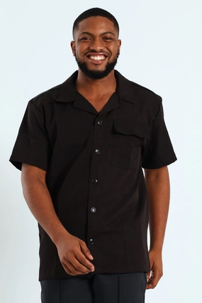 Short Sleeve Utility Shacket - Black Preppy style items Leather - material fashion