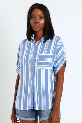 Single Pocket Turnup Stripe Easywearing Shirt - White/Blue Polyester - used fashion Patterned fashion (floral, stripes, etc.)