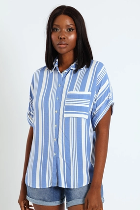 Single Pocket Turnup Stripe Easywearing Shirt - White/Blue Polyester - used fashion Patterned fashion (floral, stripes, etc.)
