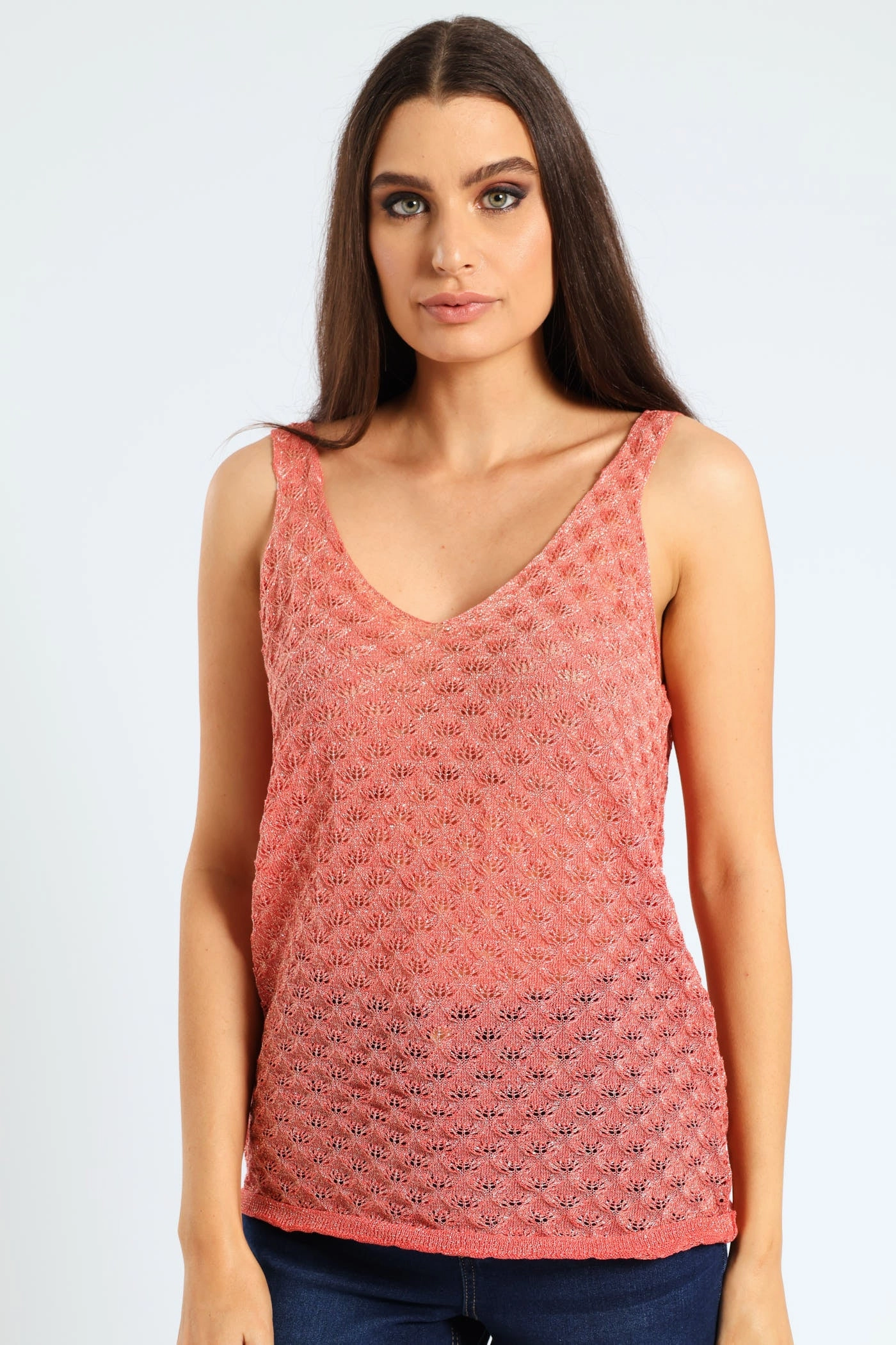 Sleeveless V-Neck Lurex Pointelle Tank - Watermelon