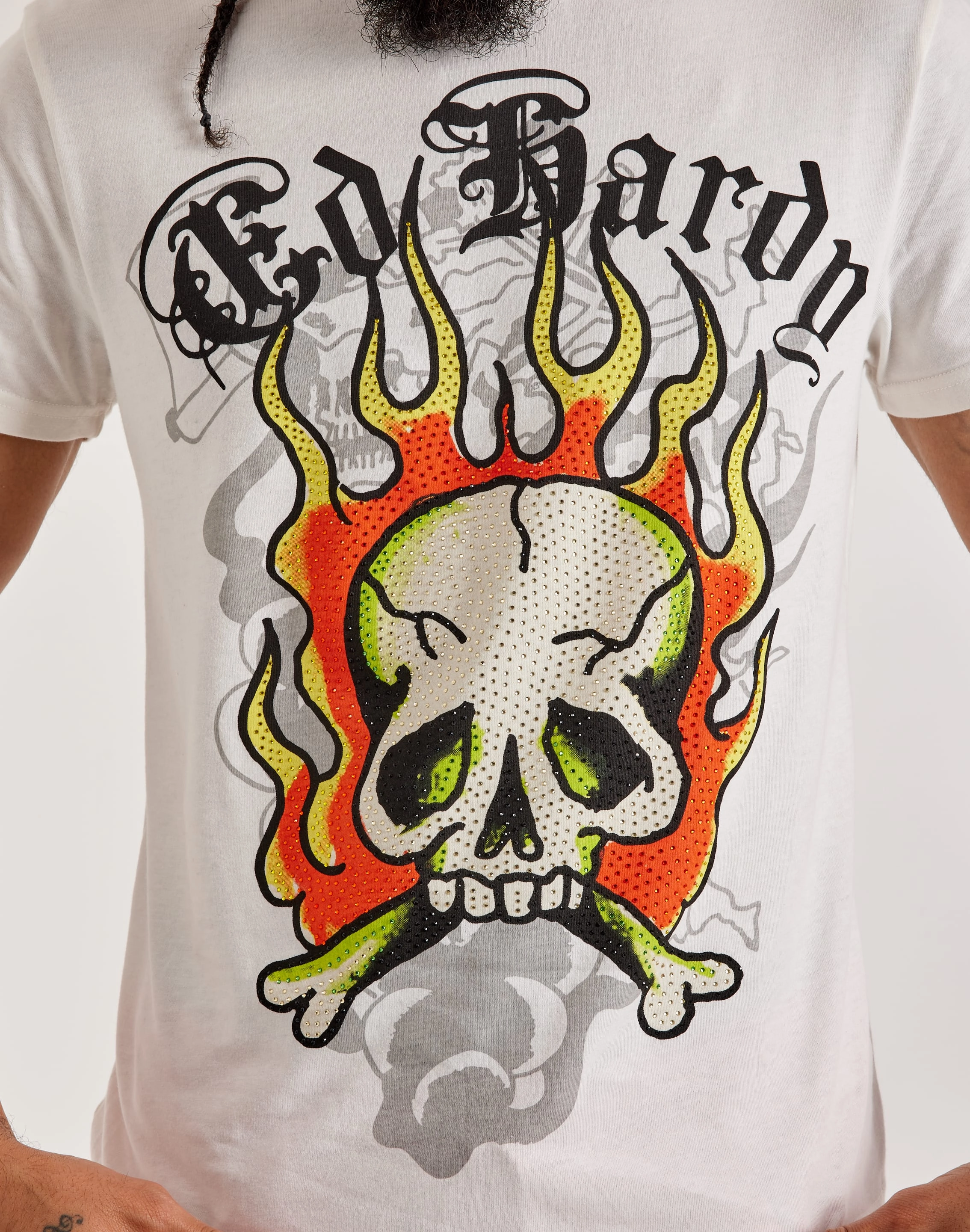 Smart casual wear Ed Hardy Flame Skull Rhinestone Tee