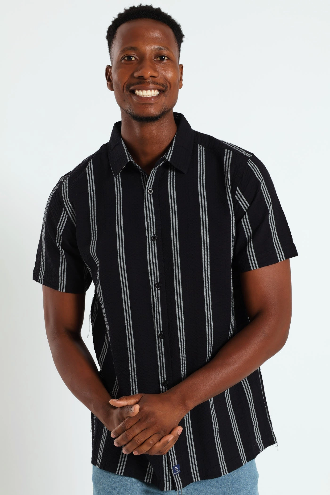 Seersucke Regular Collar Stripe Shirt - Black/White Fashion history Linen - crafted fashion
