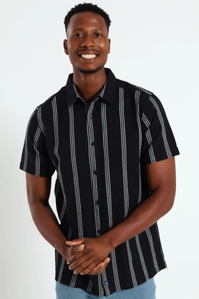 Smart casual wear Seersucke Regular Collar Stripe Shirt - Black/White Fashion events