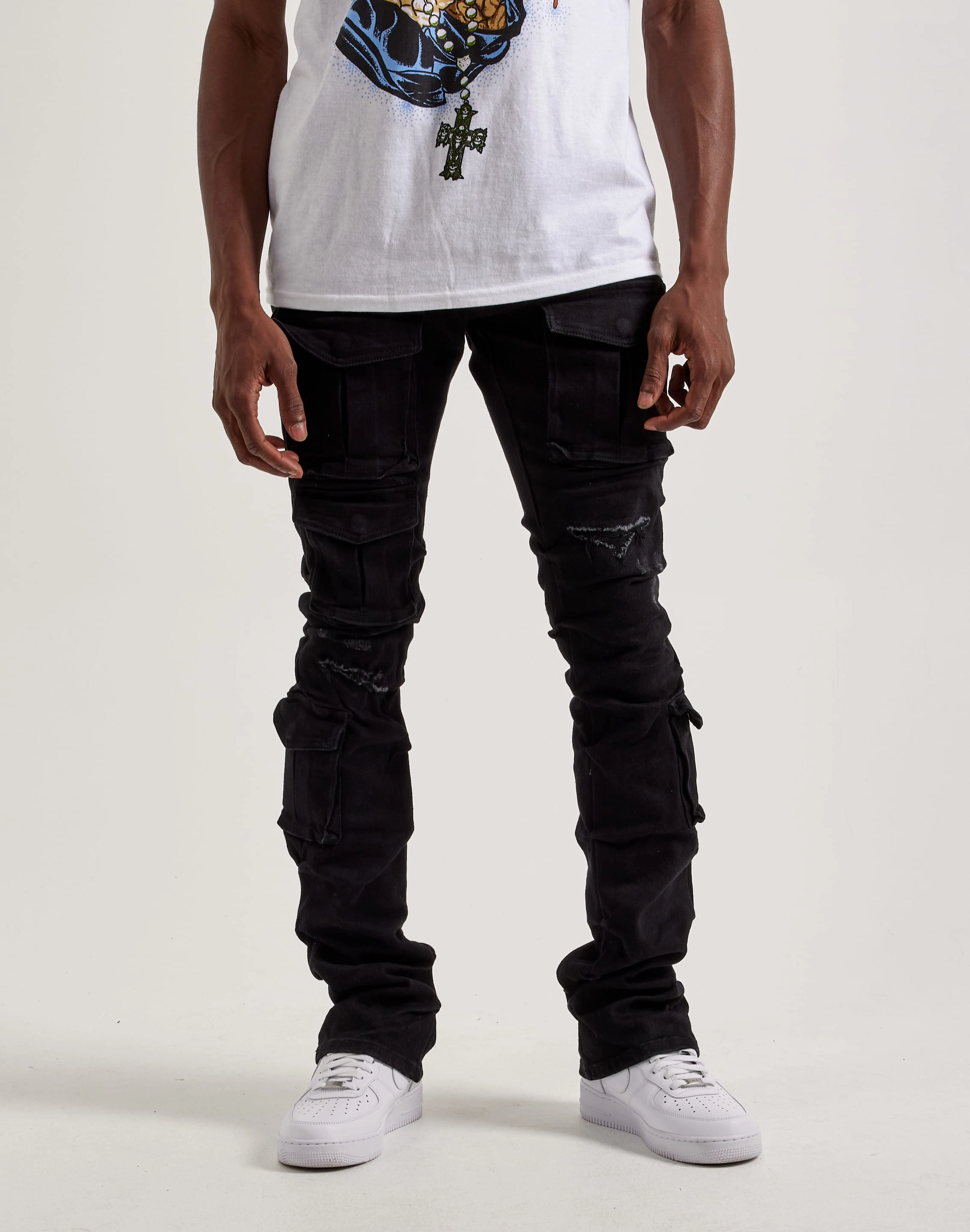 Smoke Rise Utility Pocket Stacked Flare Denim Jeans Suede - finished fashion Fashion for all body types