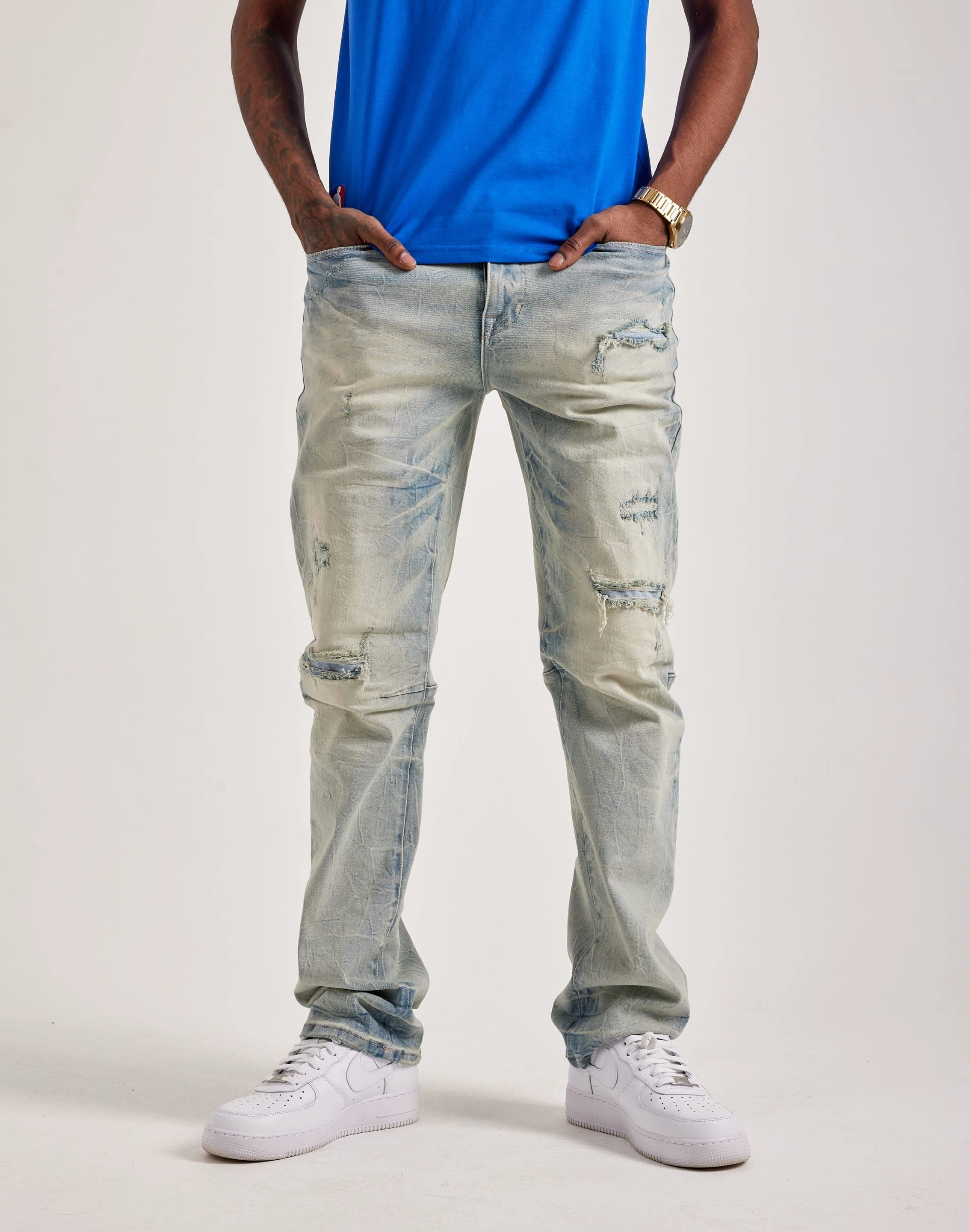 Smoke Rise Wave Effect Straight Denim Jeans Leather - material fashion Affordable fashion