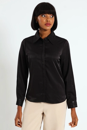 Spandex - incorporated fashion Blinged Satin Shirt - Black Fashion trends