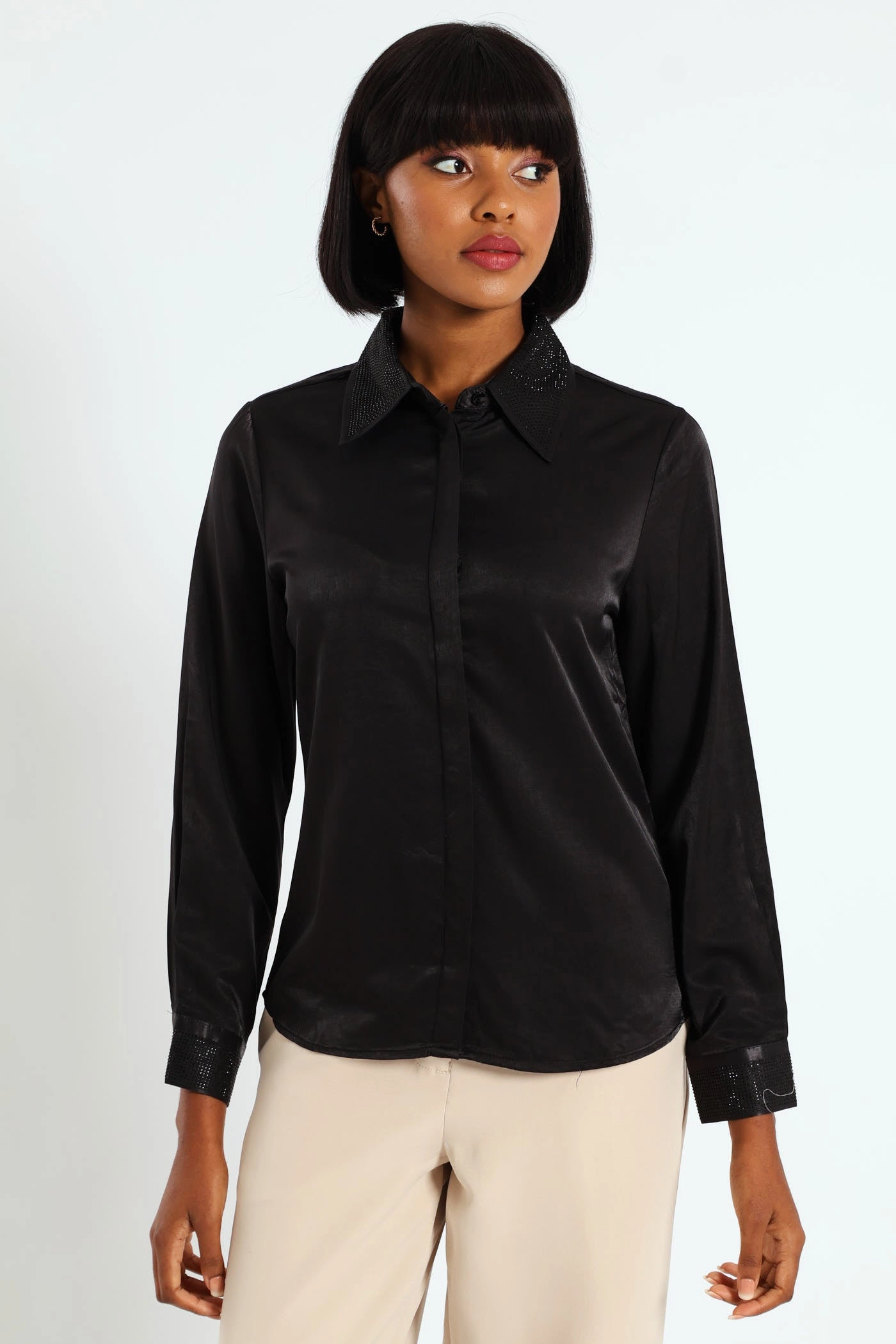 Fashion forecasting Blinged Satin Shirt - Black Fashion customization