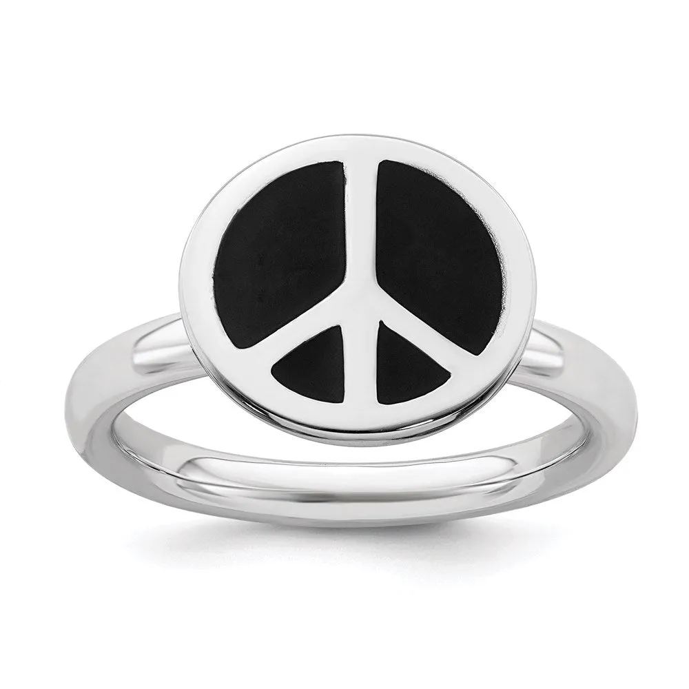 Stackable Expressions Jewelry SS Stackable Expressions Polished Black Enameled Peace Sign Ring | QSK126