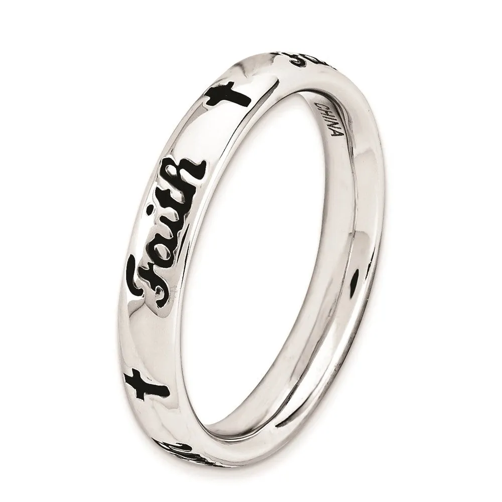 Stackable Expressions Jewelry Sterling Silver Stackable Expressions Black Enamel Faith Ring | QSK1539
