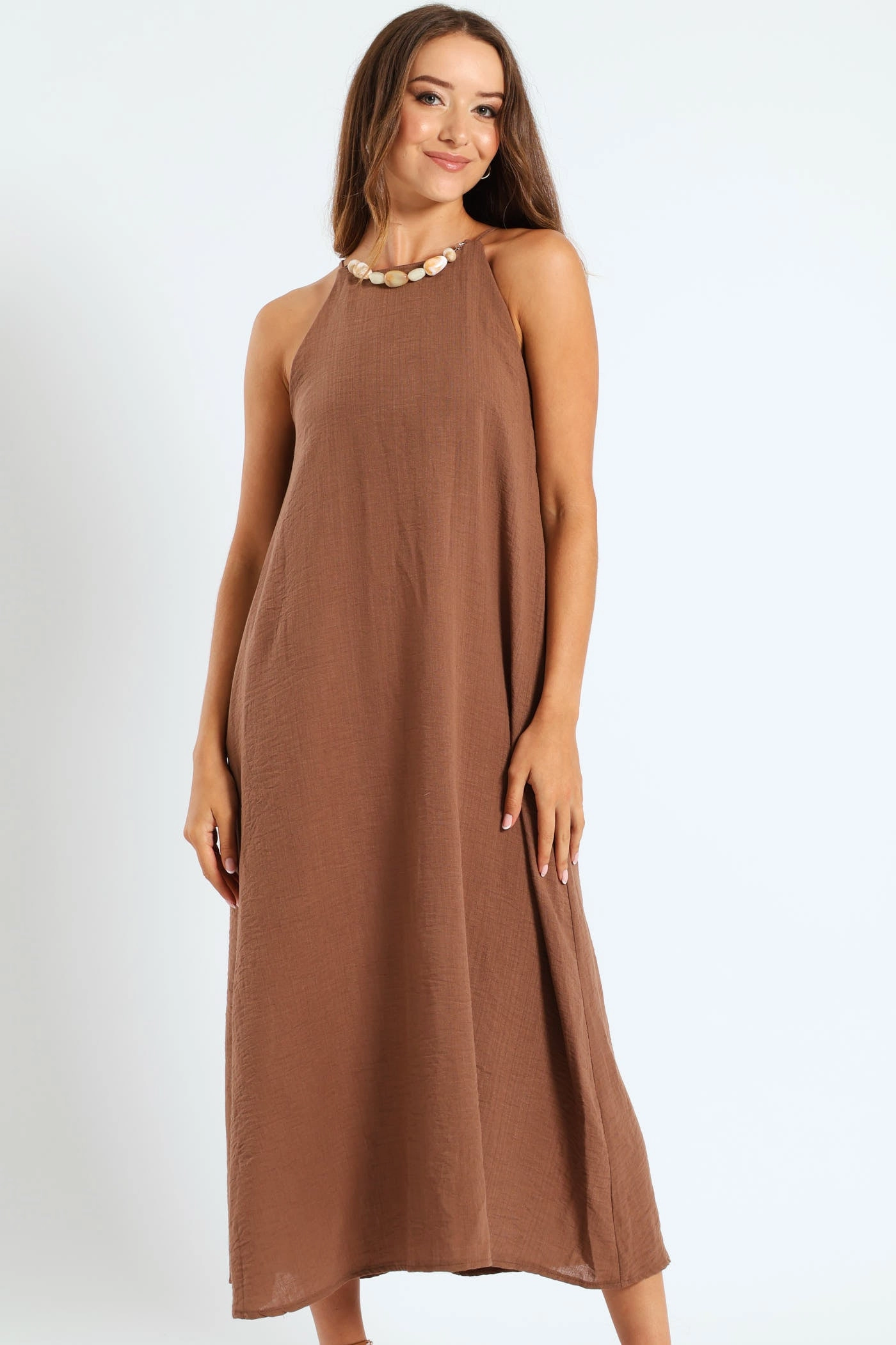 Strappy Hi-Neck Maxi Slip Dress With Necklace - Mid Brown Linen - crafted fashion Fashionable goods