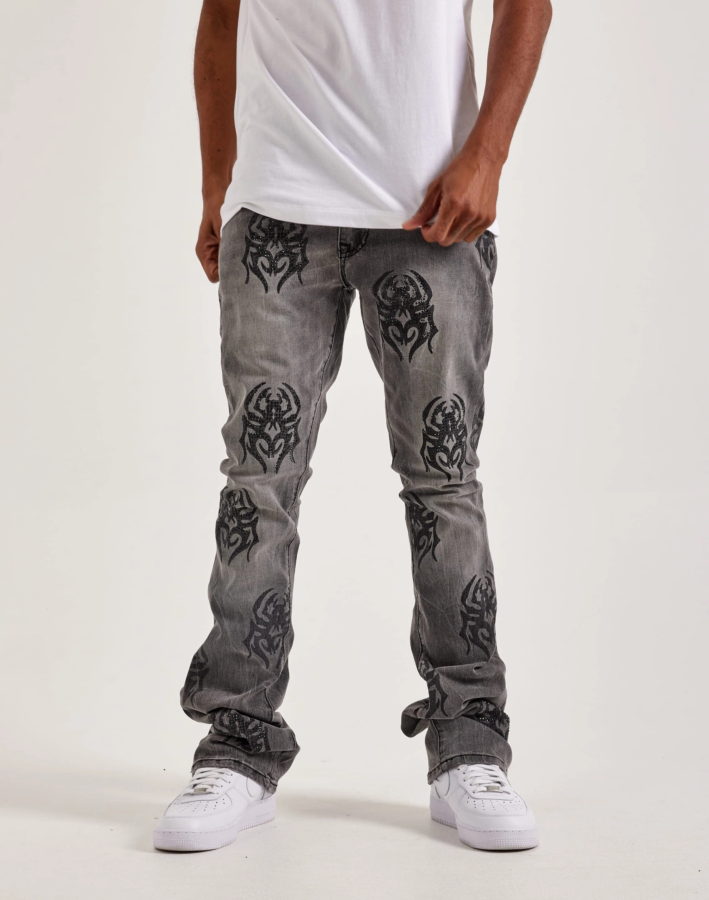 Smoke Rise Rhinestone Spider Stacked Denim Jeans Cotton - made fashion Affordable fashion