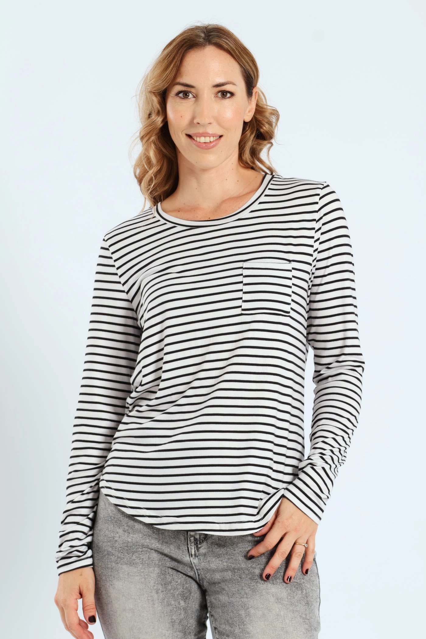 Stripe Pocket Crew Top - Black/Grey