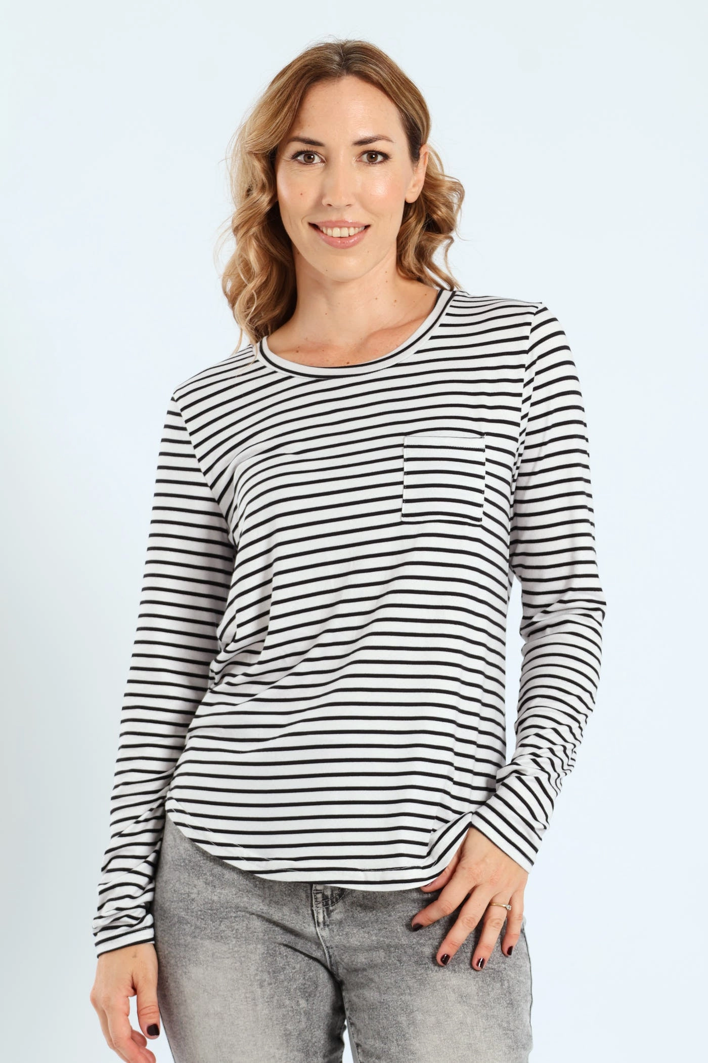 Stripe Pocket Crew Top - Black/Grey