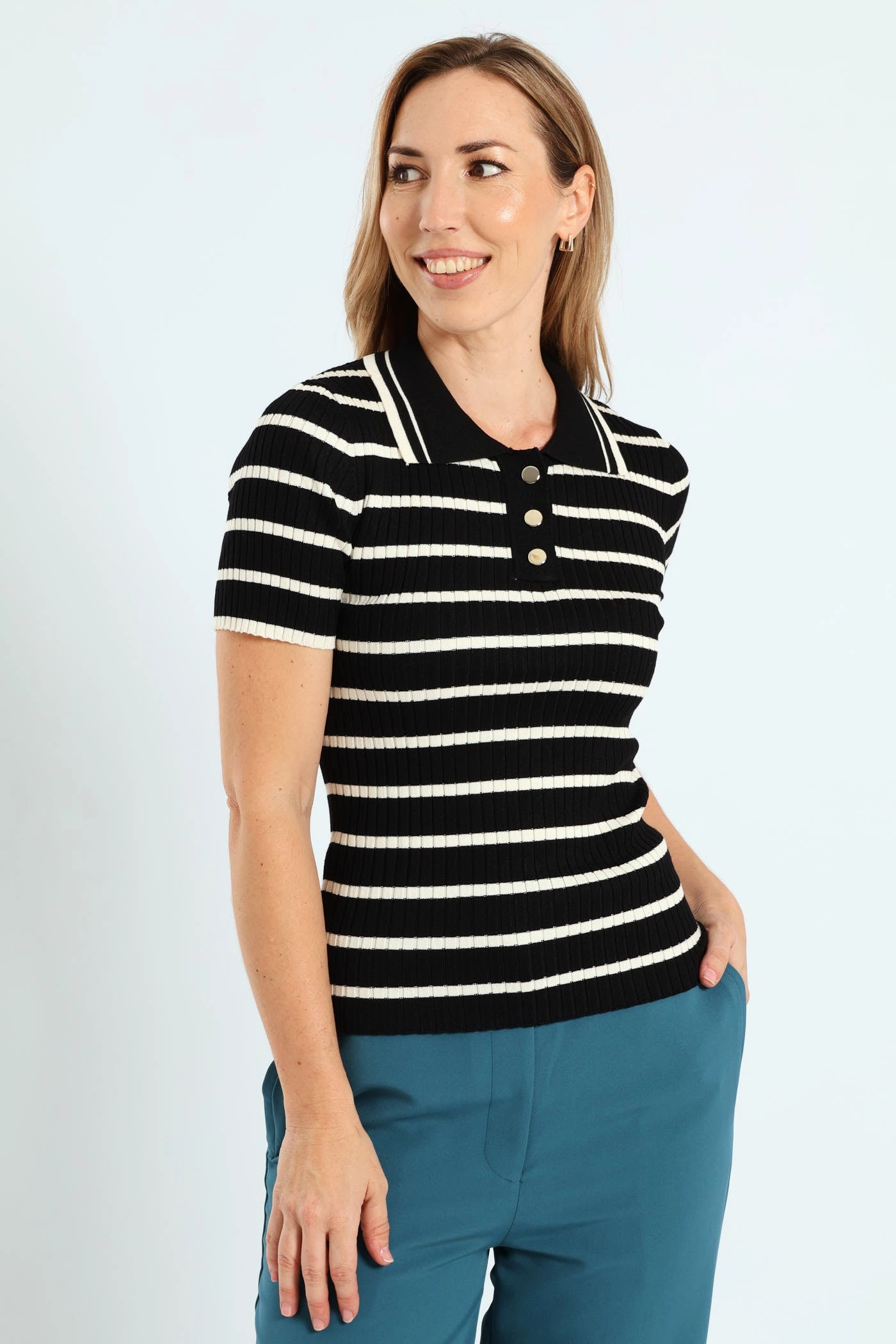 Striped Golfer Tee - Black/Cream