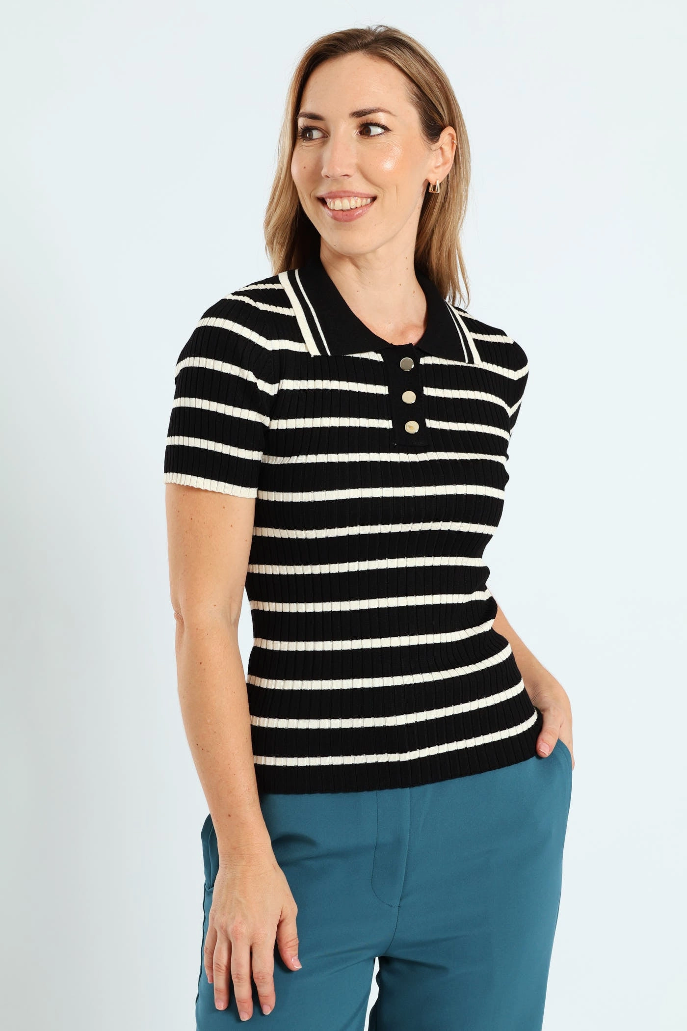 Striped Golfer Tee - Black/Cream