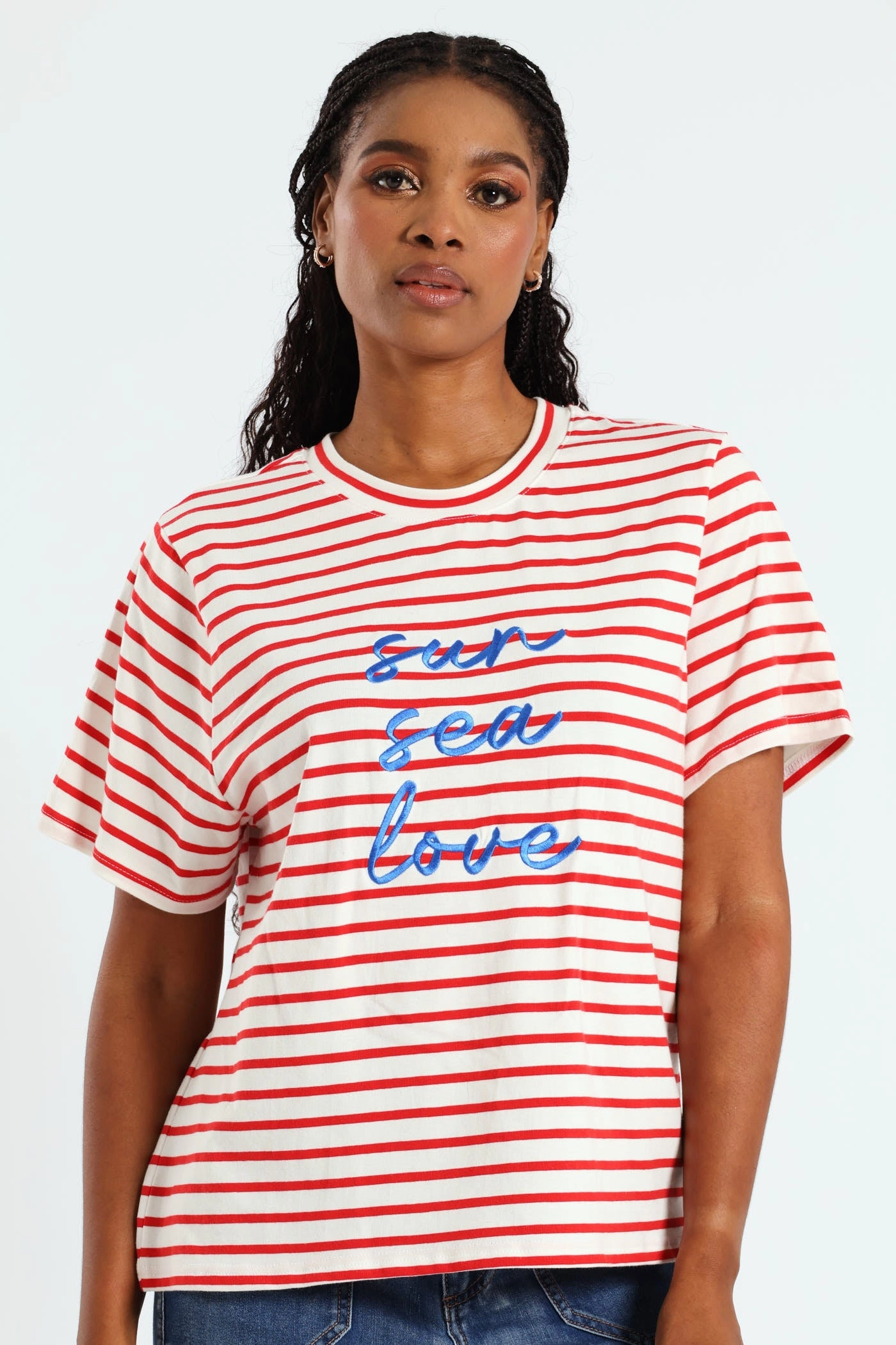Sun Sea Love Embroidered Boxy Stripe Tee - White/Red
