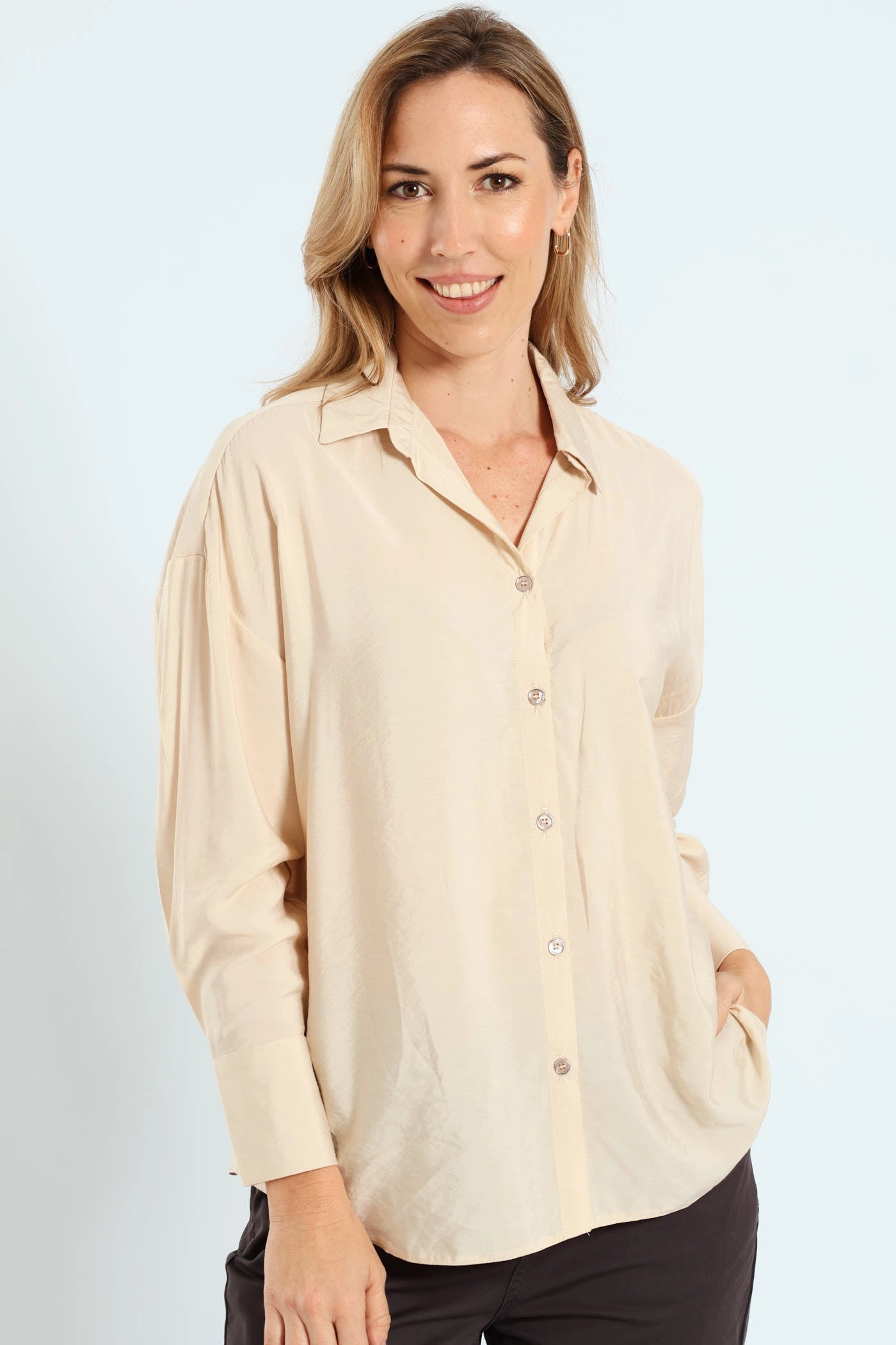 Cuff Detail Peach Finish Relaxed Shirt - Stone Denim products Nylon - included fashion