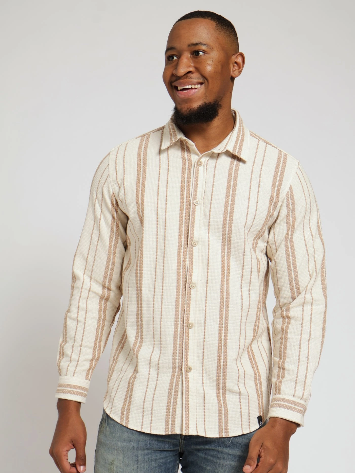 Military - inspired fashion Long Sleeve Ecru Waffle Stripe Shirt - Off White Fashion-forward items