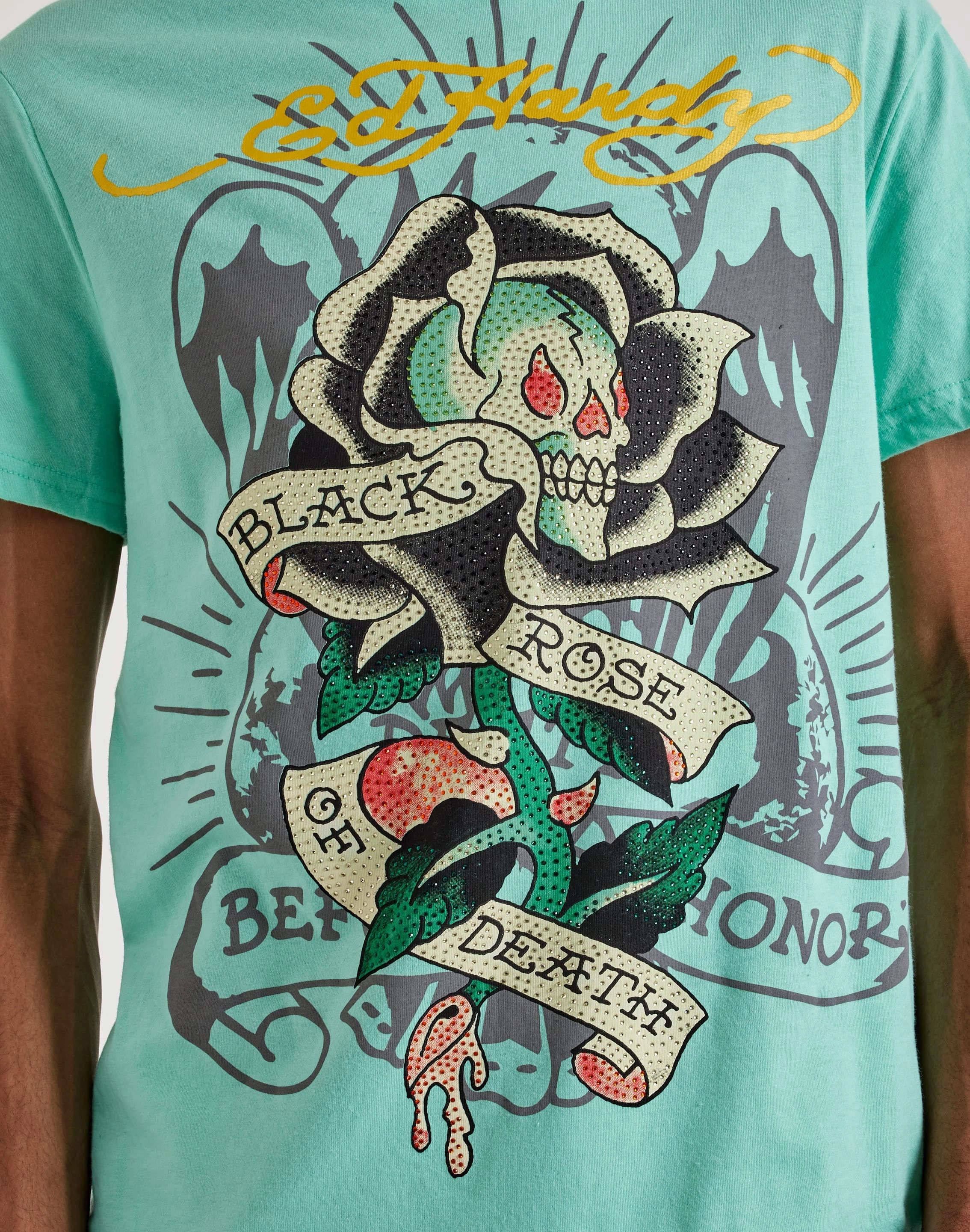 Sustainable fashion practices Ed Hardy  Black Rose Rhinestone Short Sleeve Tee