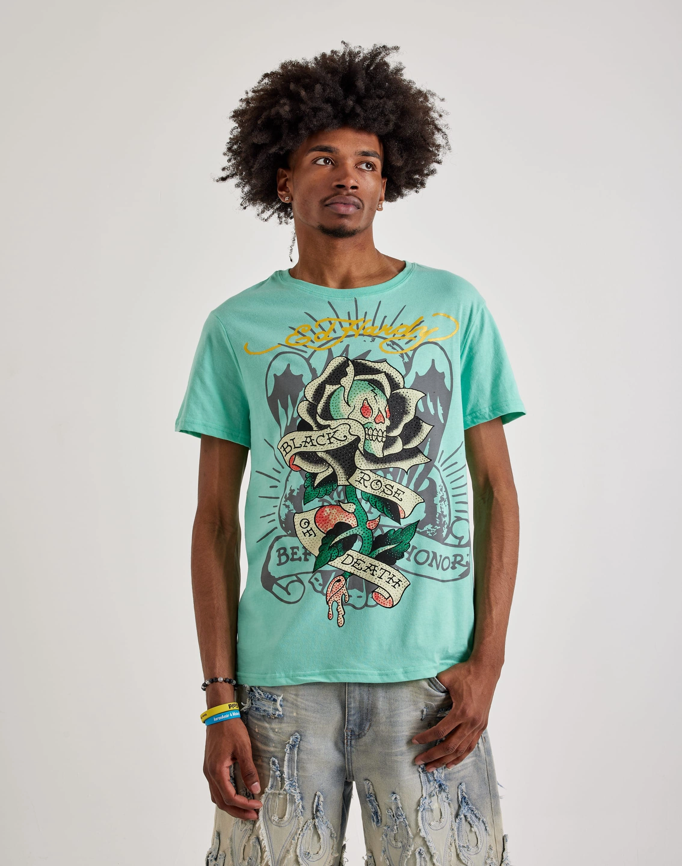 Sustainable fashion practices Ed Hardy  Black Rose Rhinestone Short Sleeve Tee Apparel finds