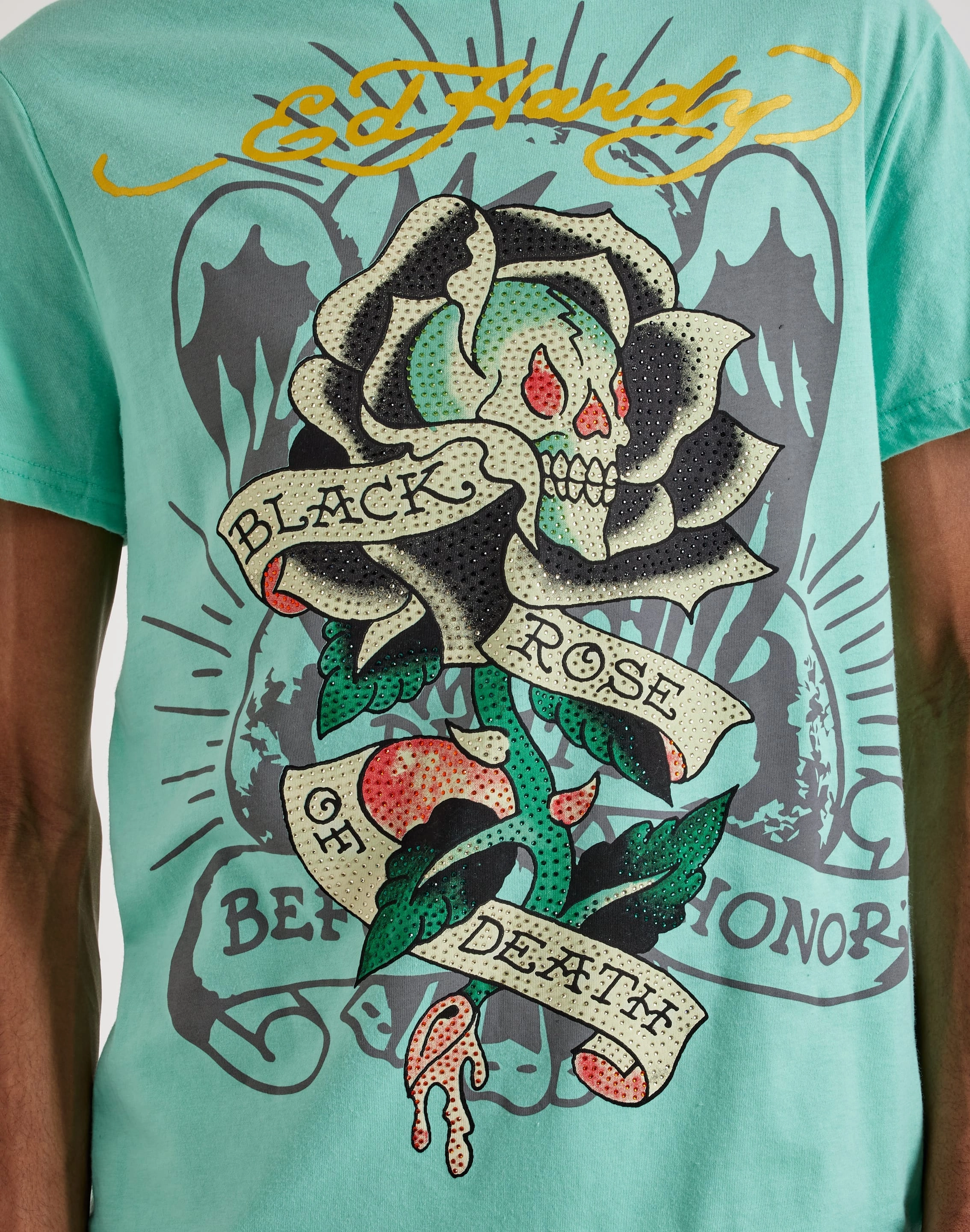 Sustainable fashion practices Ed Hardy  Black Rose Rhinestone Short Sleeve Tee
