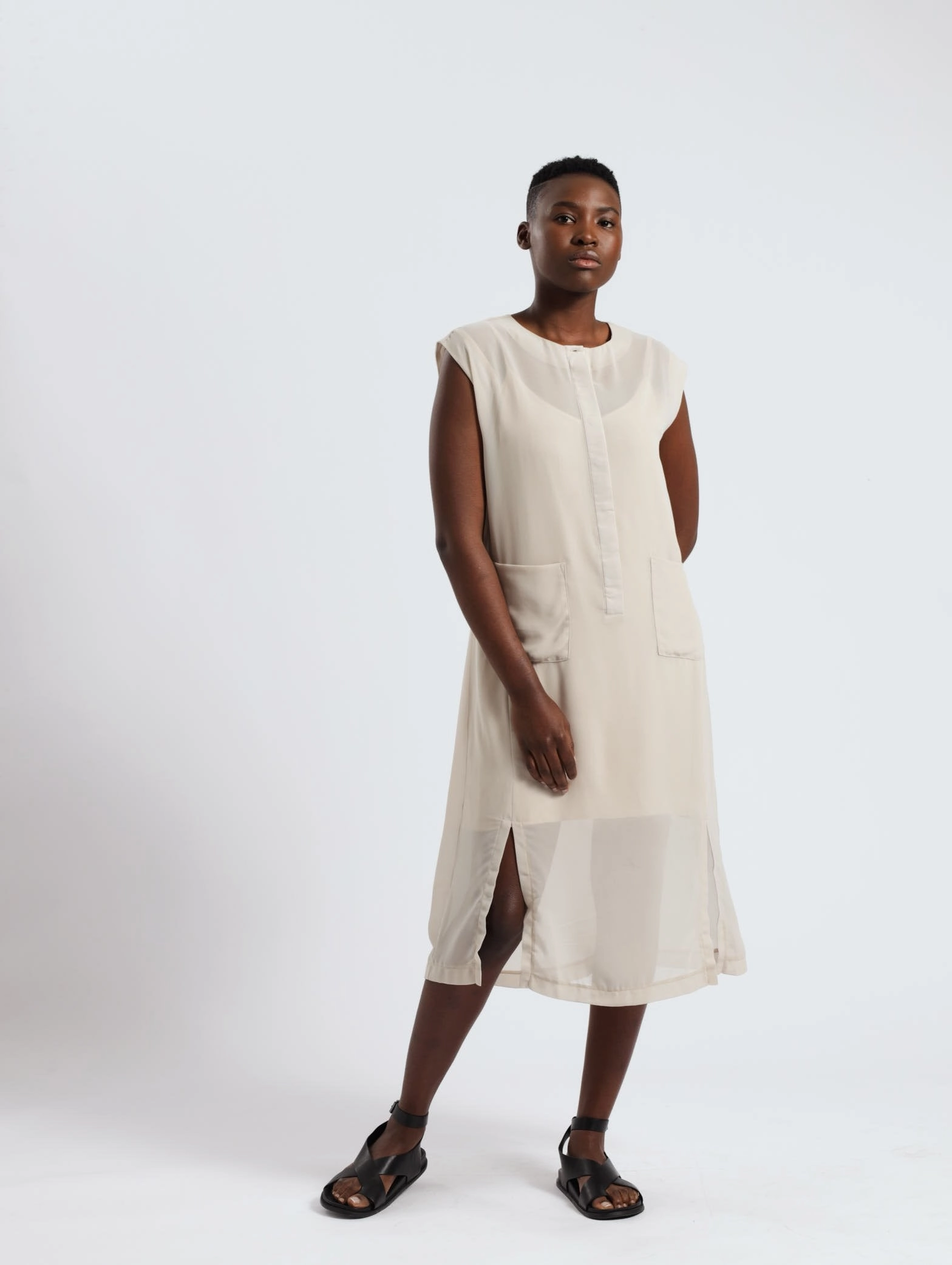 Party wear Sleeveless Sheer Patch Pocket Shirt Dress - Silver Apparel finds