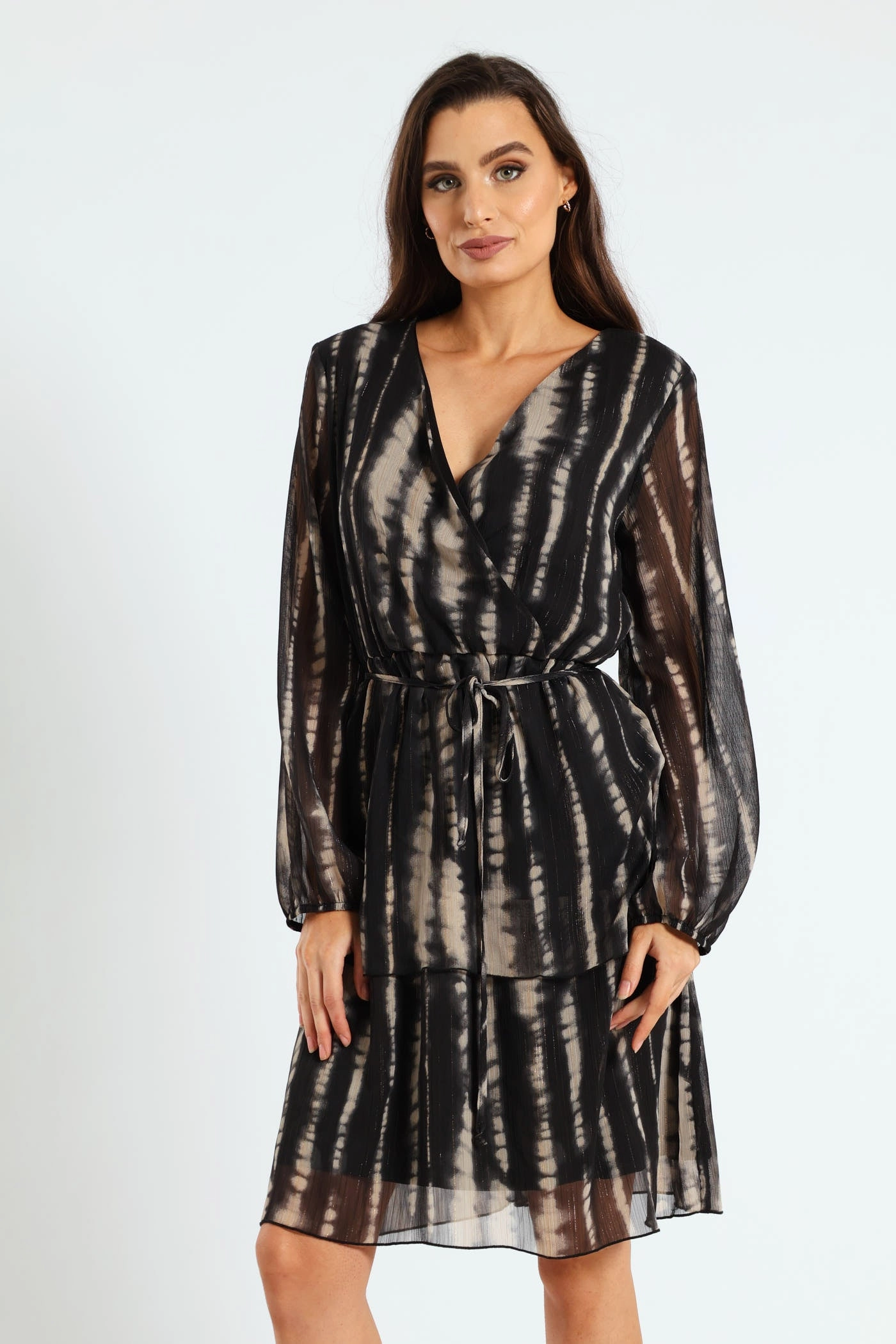 High - end fashion Tie Up Frill Neck Tea Dress - Black/Cream Recycled fashion materials