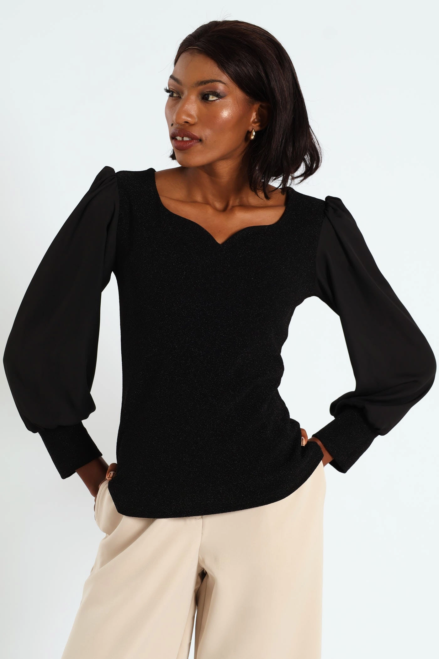 Sweetheart Neckline Shimmer Combo Blouse - Black