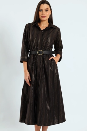 Swimwear selections 3 Quarter Sleeve Belted Midi Shirt Dress - Black Fashion must - haves