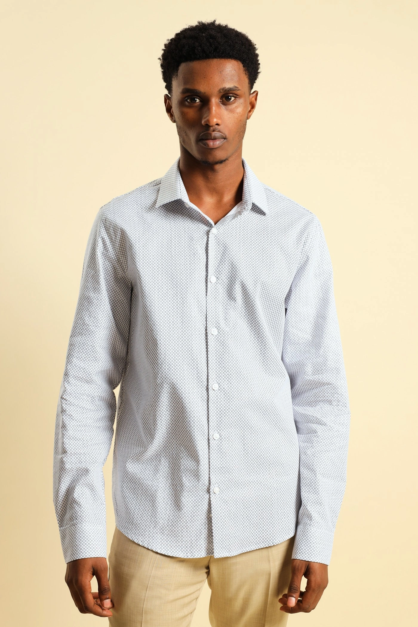 Textured Square Print Shirt - White/Navy Beaded fashion items Printed fashion
