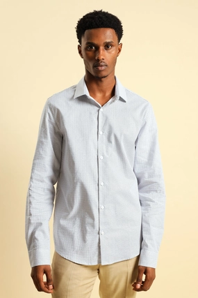 Textured Square Print Shirt - White/Navy Beaded fashion items Printed fashion