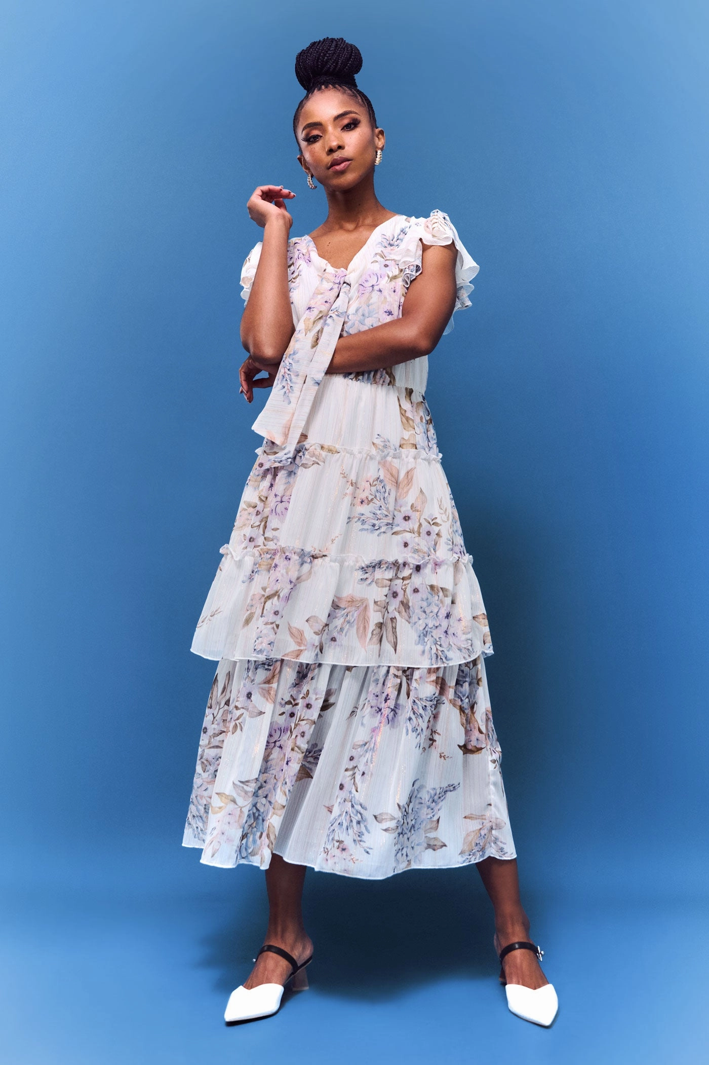 Bohemian style items Tie Front Flutter Sleeve Maxi Dress-White/Blue Fashion advice