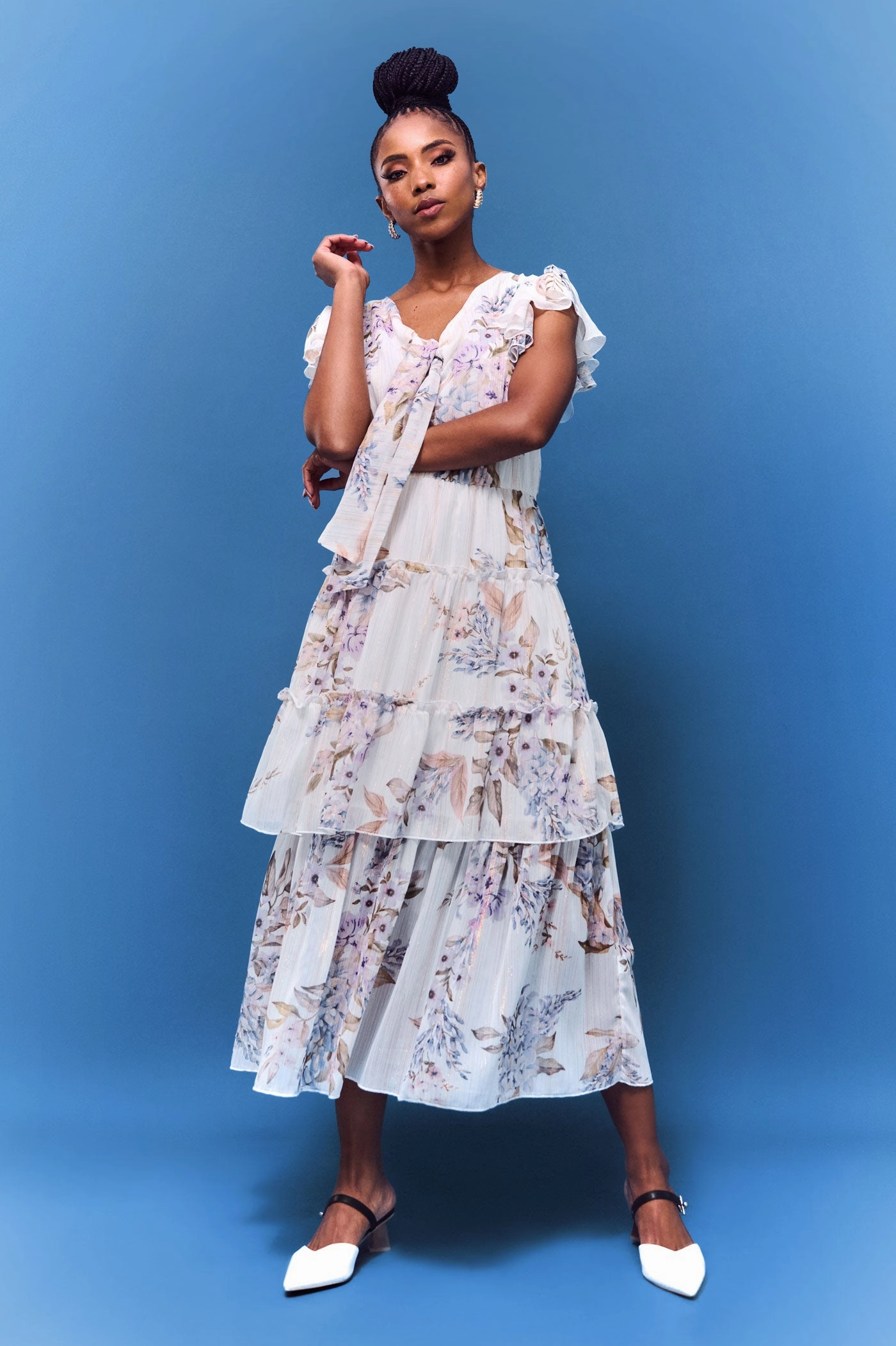 Tie Front Flutter Sleeve Maxi Dress-White/Blue Activewear gear Fashion technology