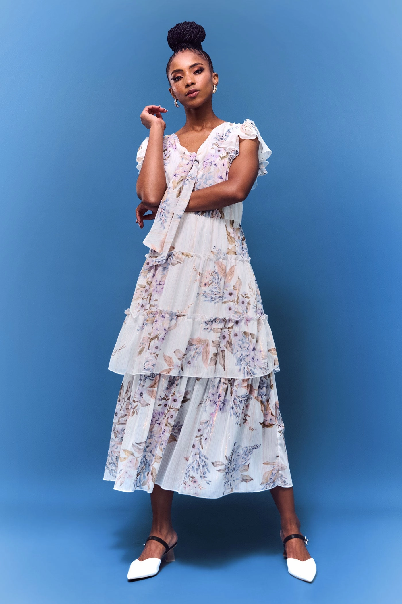 Organic fashion products Tie Front Flutter Sleeve Maxi Dress-White/Blue Beachwear items