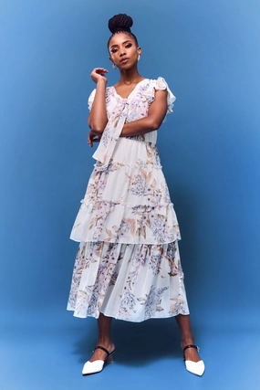 Tie Front Flutter Sleeve Maxi Dress-White/Blue Activewear gear Fashion technology
