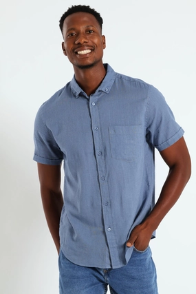 Trendy gear Buttondown Cotton Linen Slub Shirt - Blue Free shipping offers