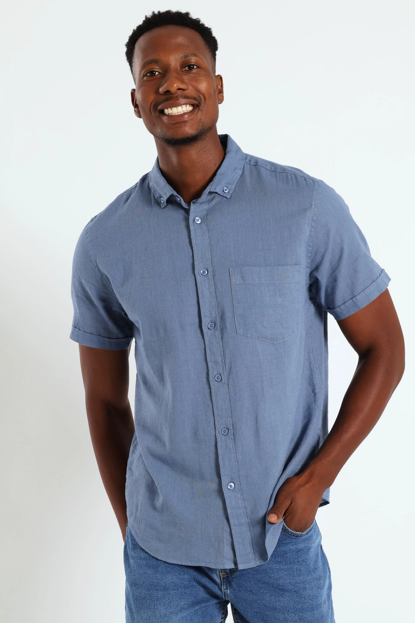 Fashion customization Buttondown Cotton Linen Slub Shirt - Blue Denim products