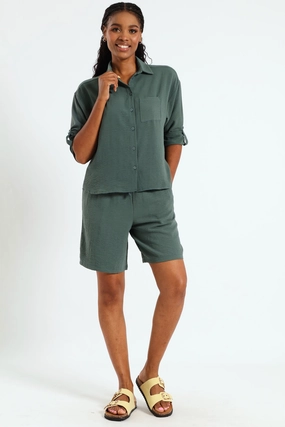 Trendy gear Relaxed Shirt With Tab & Button Detail - Forest Green Embroidered fashion