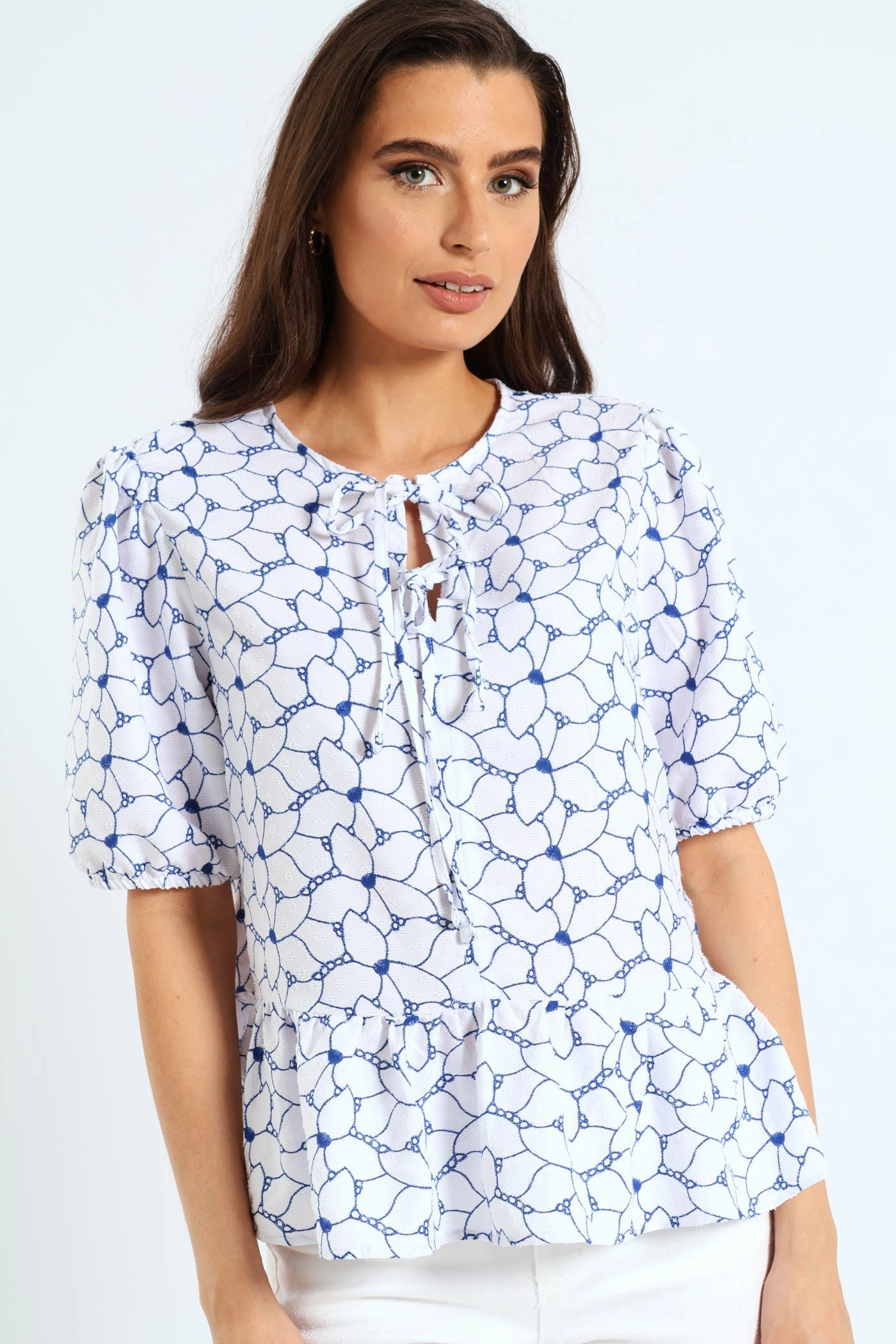 Two Tone Floral Lace Peplum Top - White/Blue
