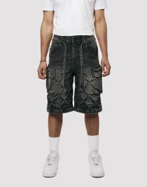 Upcycled fashion Grindhouse Diamond Pinch Cargo Black Denim Shorts Smart casual wear