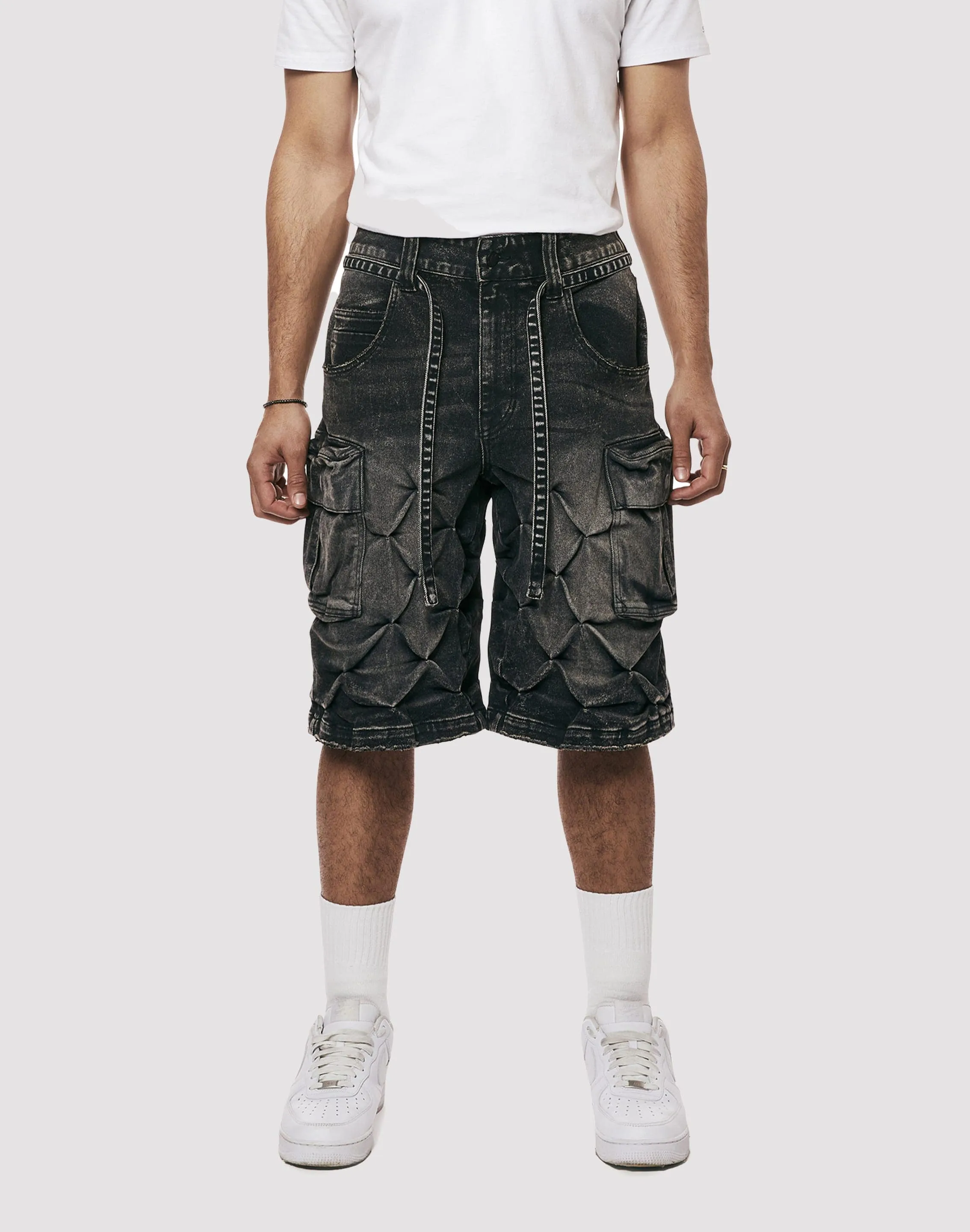 Upcycled fashion Grindhouse Diamond Pinch Cargo Black Denim Shorts Smart casual wear